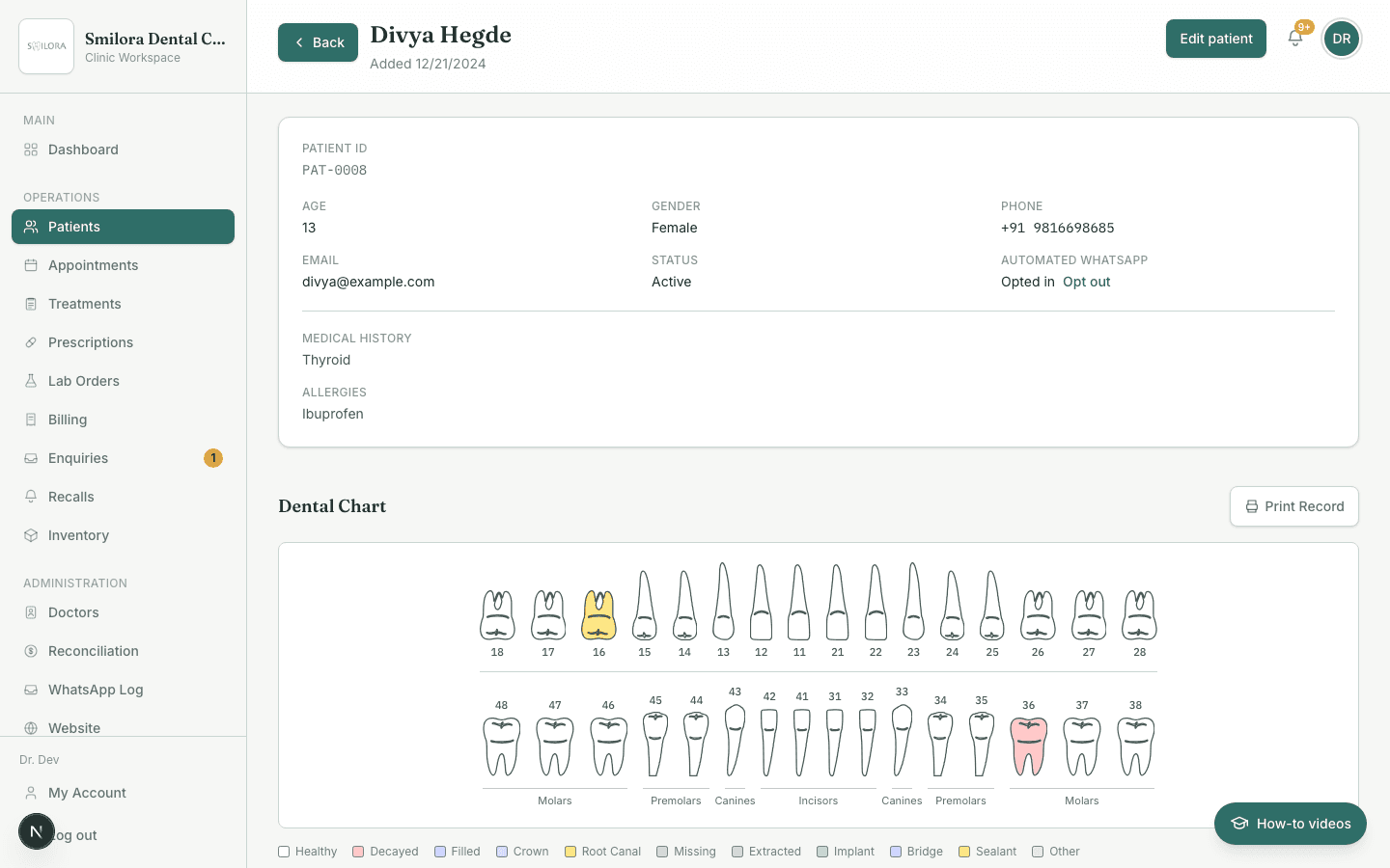 A patient record in DentoKeep, showing medical history and a per-tooth dental chart