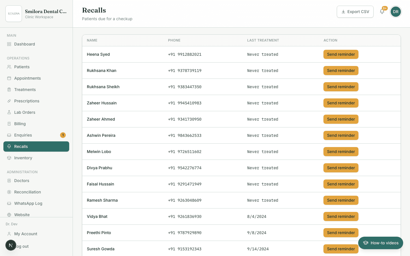 The recalls list in DentoKeep, showing patients overdue for a checkup with a one-click reminder action